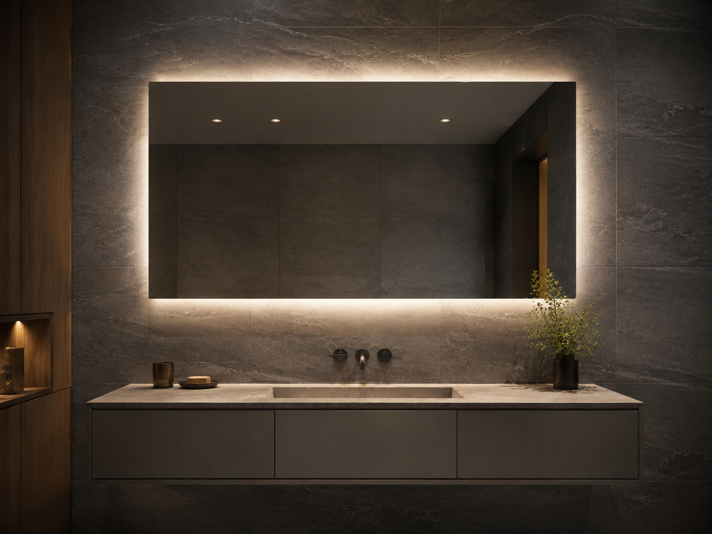 Rectangular backlit LED bathroom mirror above a floating vanity