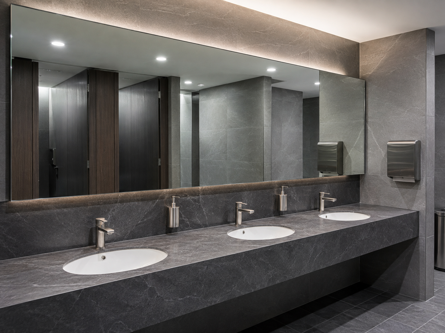 Long wall mirror above multiple basins in a commercial washroom