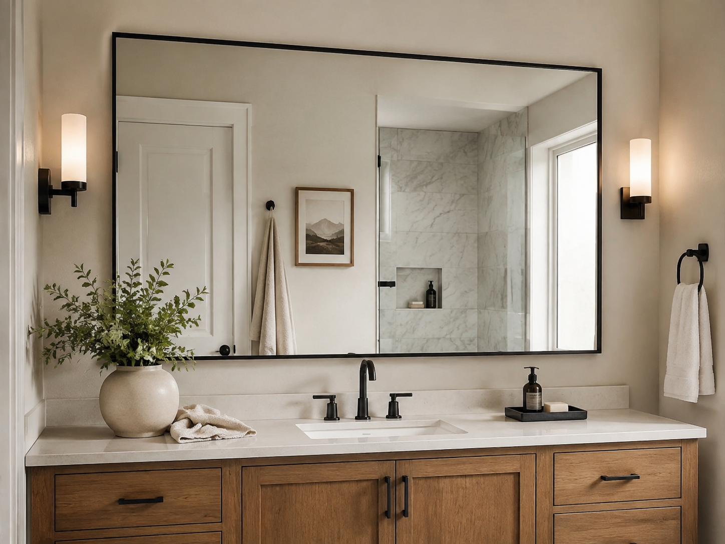 Slim black framed mirror in a residential bathroom
