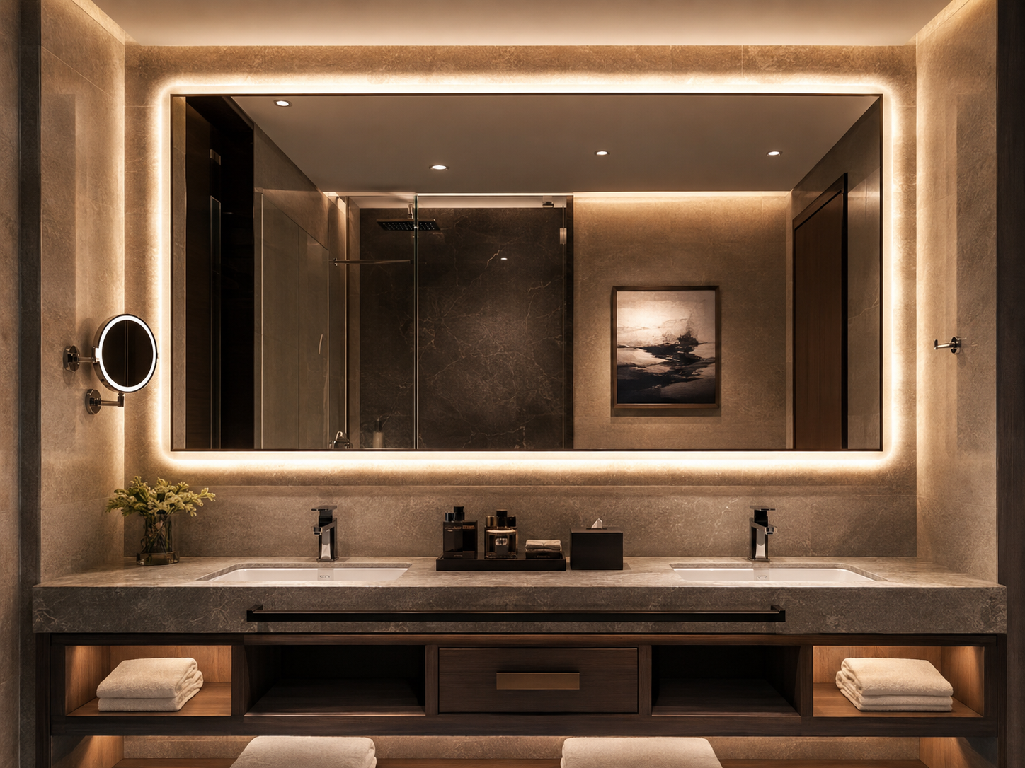 Illuminated bathroom mirror in a hotel vanity setting