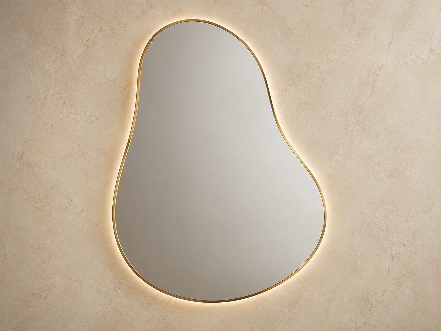 Irregular custom bathroom mirror with a slim gold edge