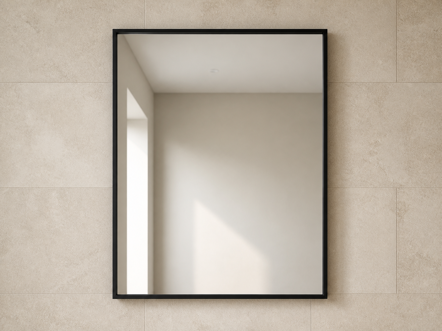 Rectangular bathroom mirror with a matte black aluminum frame