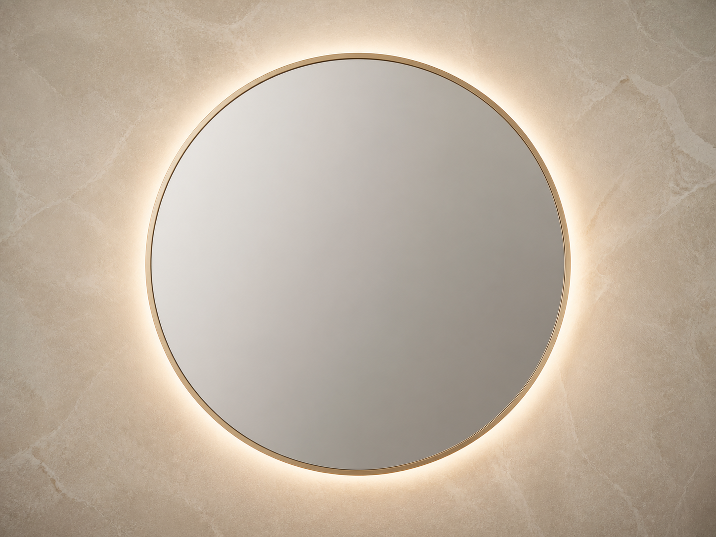 Round LED bathroom mirror with a champagne-gold frame