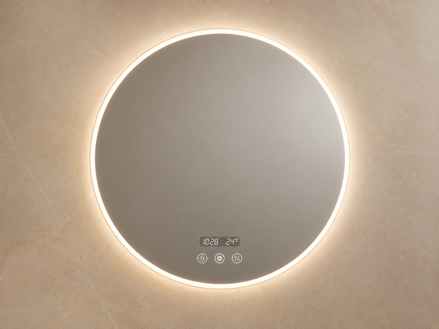 Smart round LED bathroom mirror with touch controls and display
