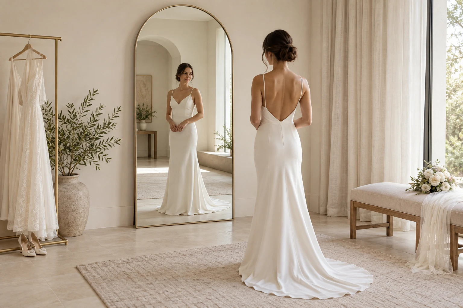Full-height mirror in a bridal dressing area with standing space