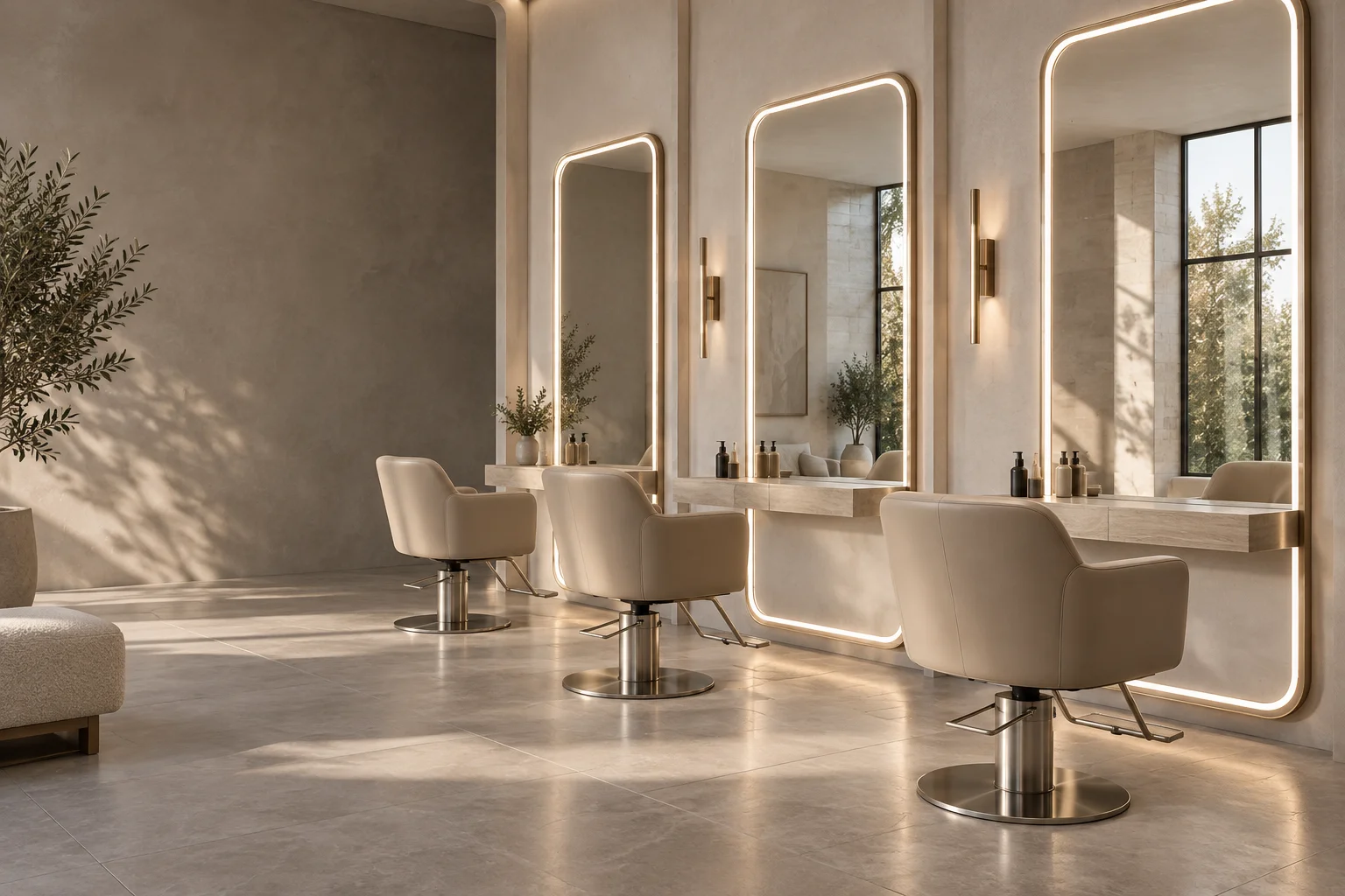 Three illuminated styling mirrors with coordinated chairs in a salon design concept