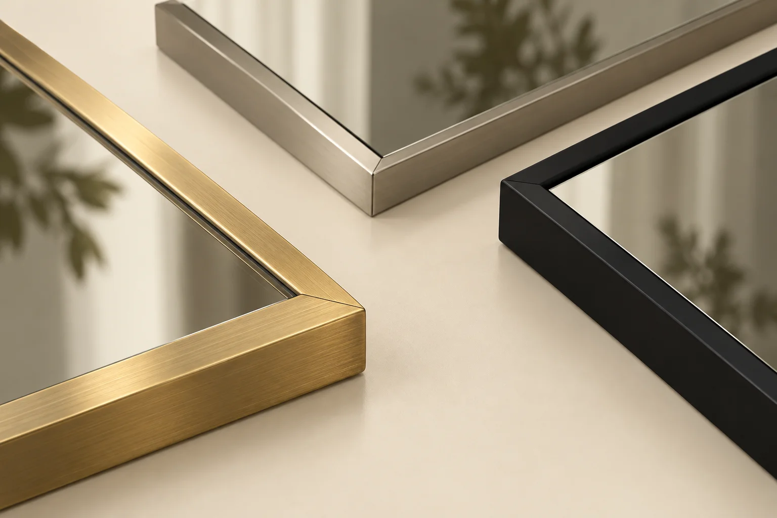 3D corner studies showing brass-tone, nickel-tone and matte-black mirror frame finish directions