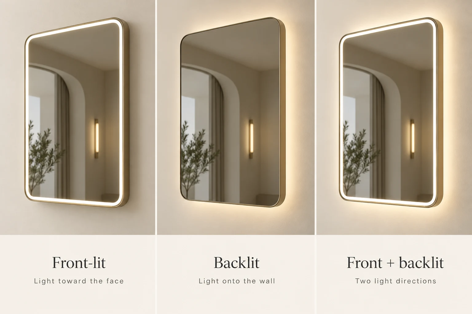 Three 3D mirror concepts comparing front lighting, a rear wall halo and combined lighting