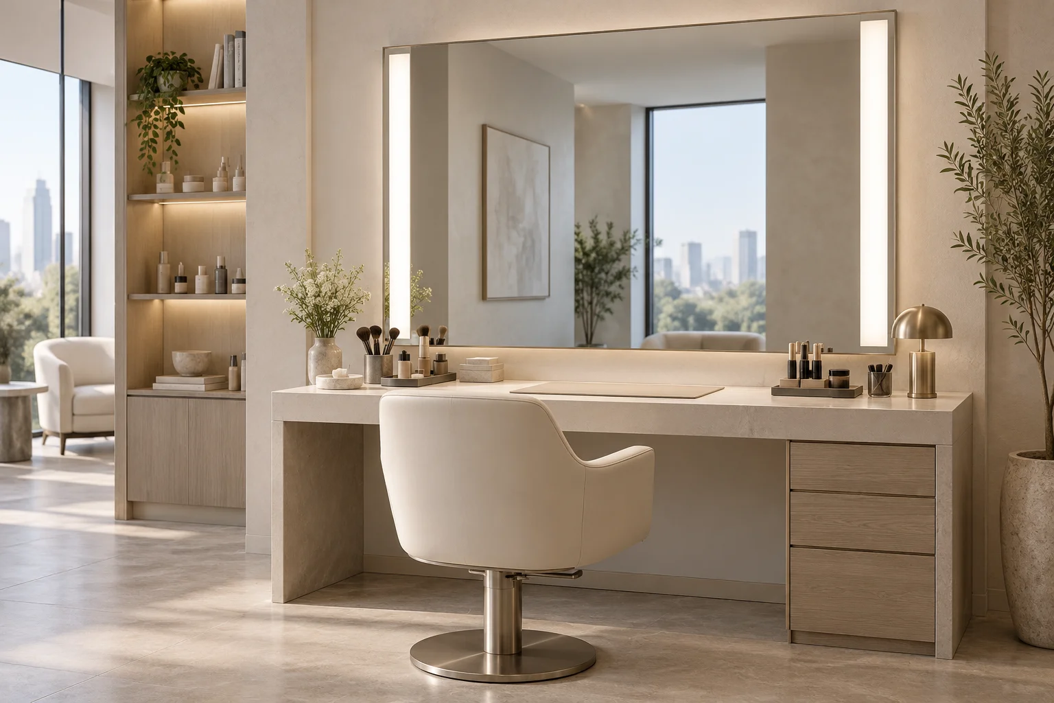 Makeup consultation desk with a large mirror, two vertical light strips and one centered chair