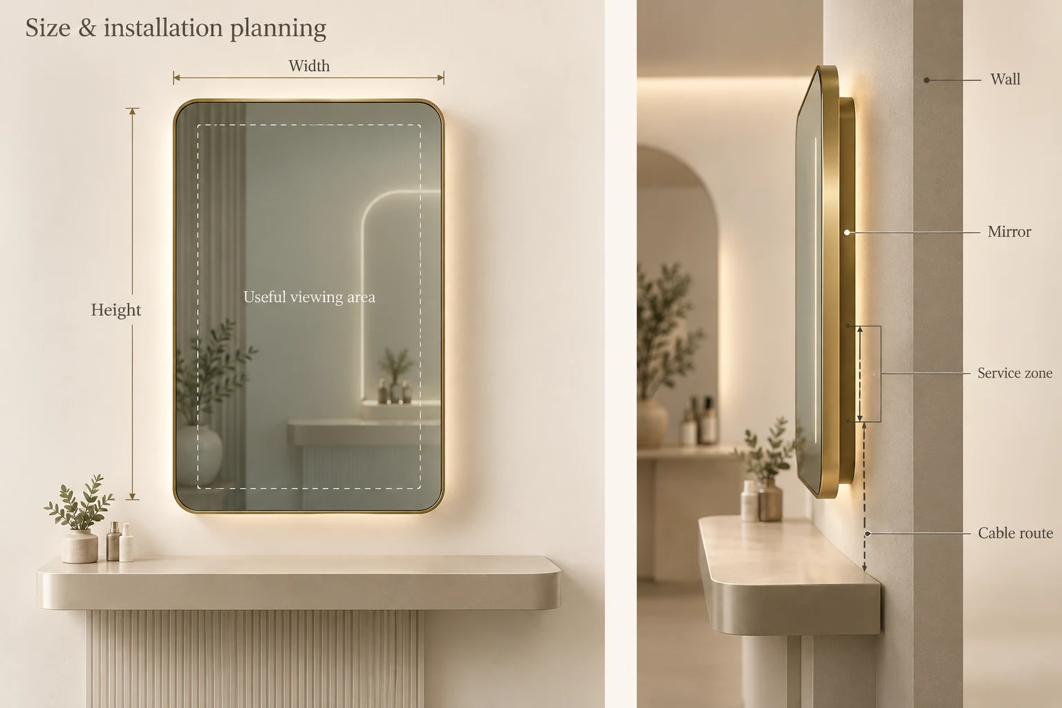 3D planning concept showing mirror width, height, useful viewing area and side-view wall relationship