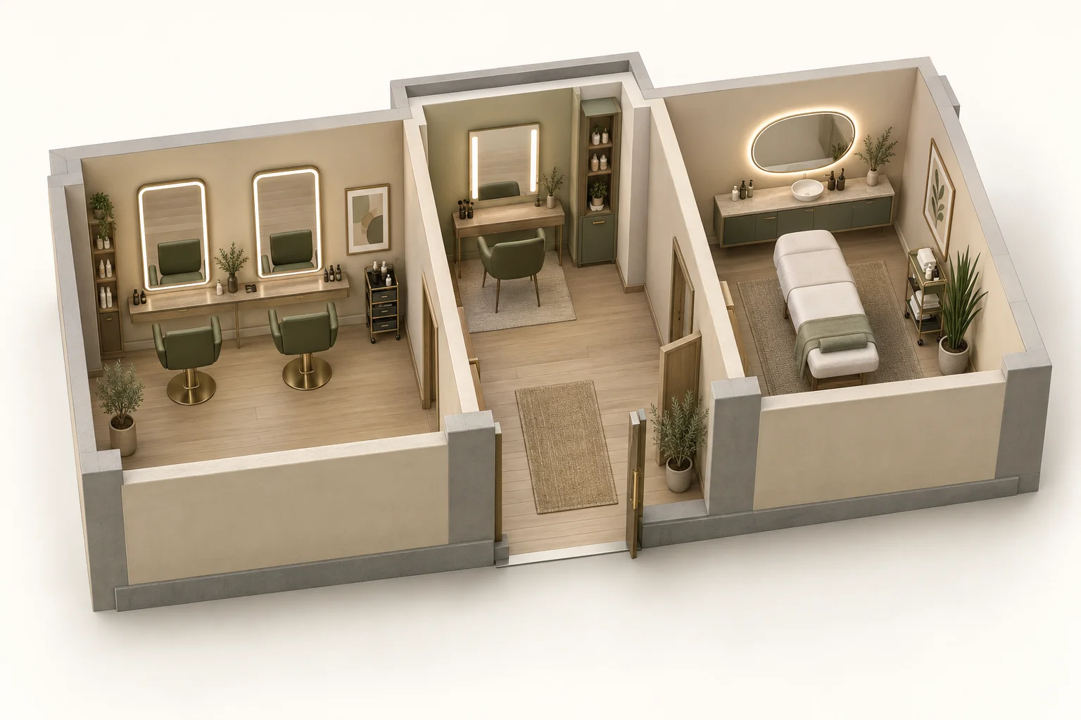 Isometric design study with two salon mirrors, one makeup mirror and a separate spa grooming mirror