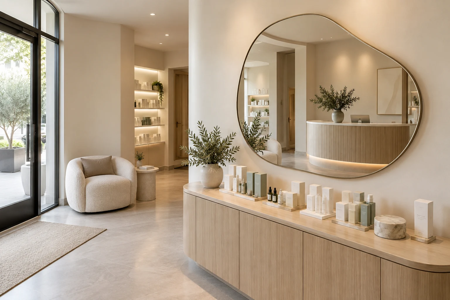 Decorative mirror beside a skincare display in a beauty reception concept