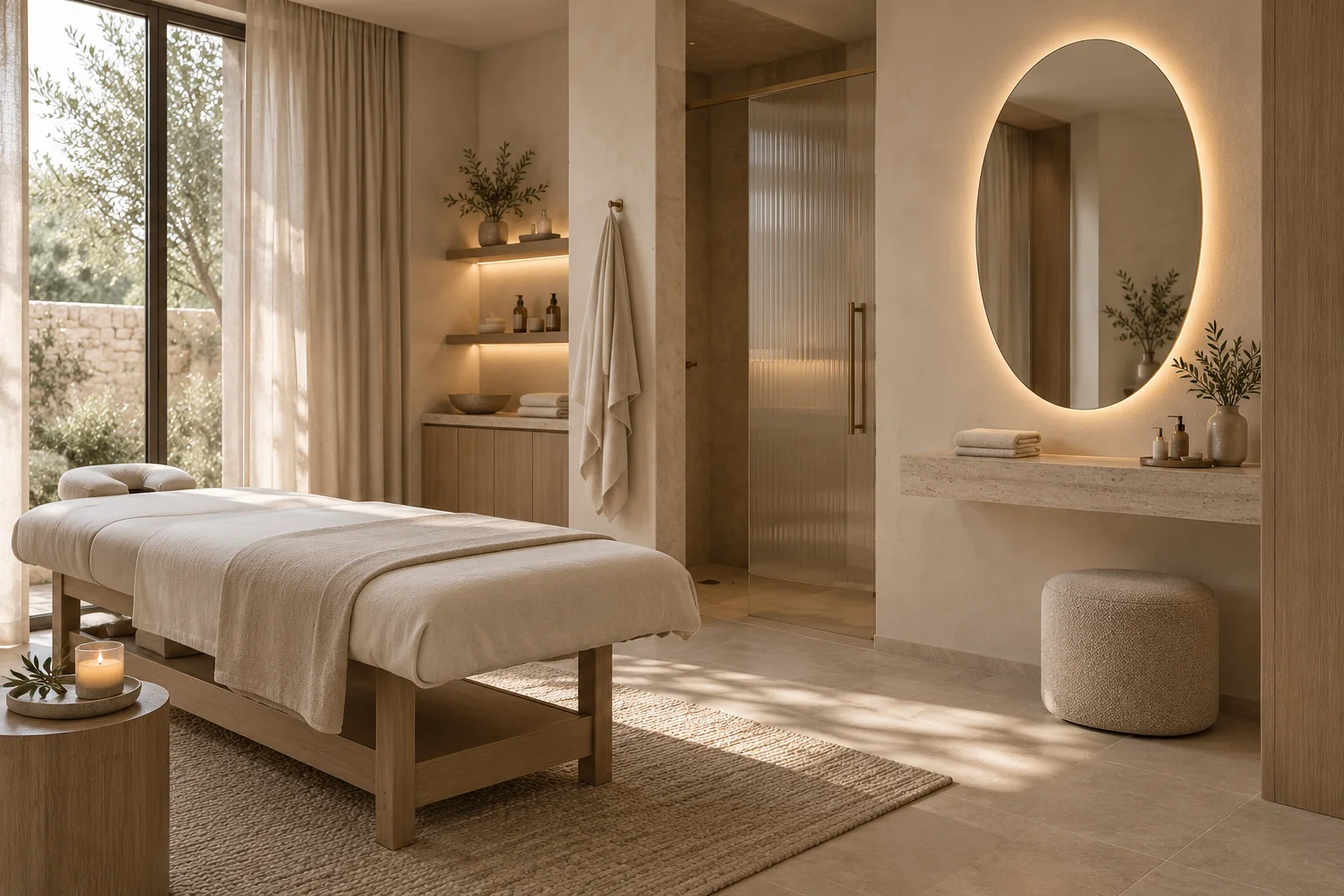 Spa treatment room with a massage bed and a separate backlit oval grooming mirror