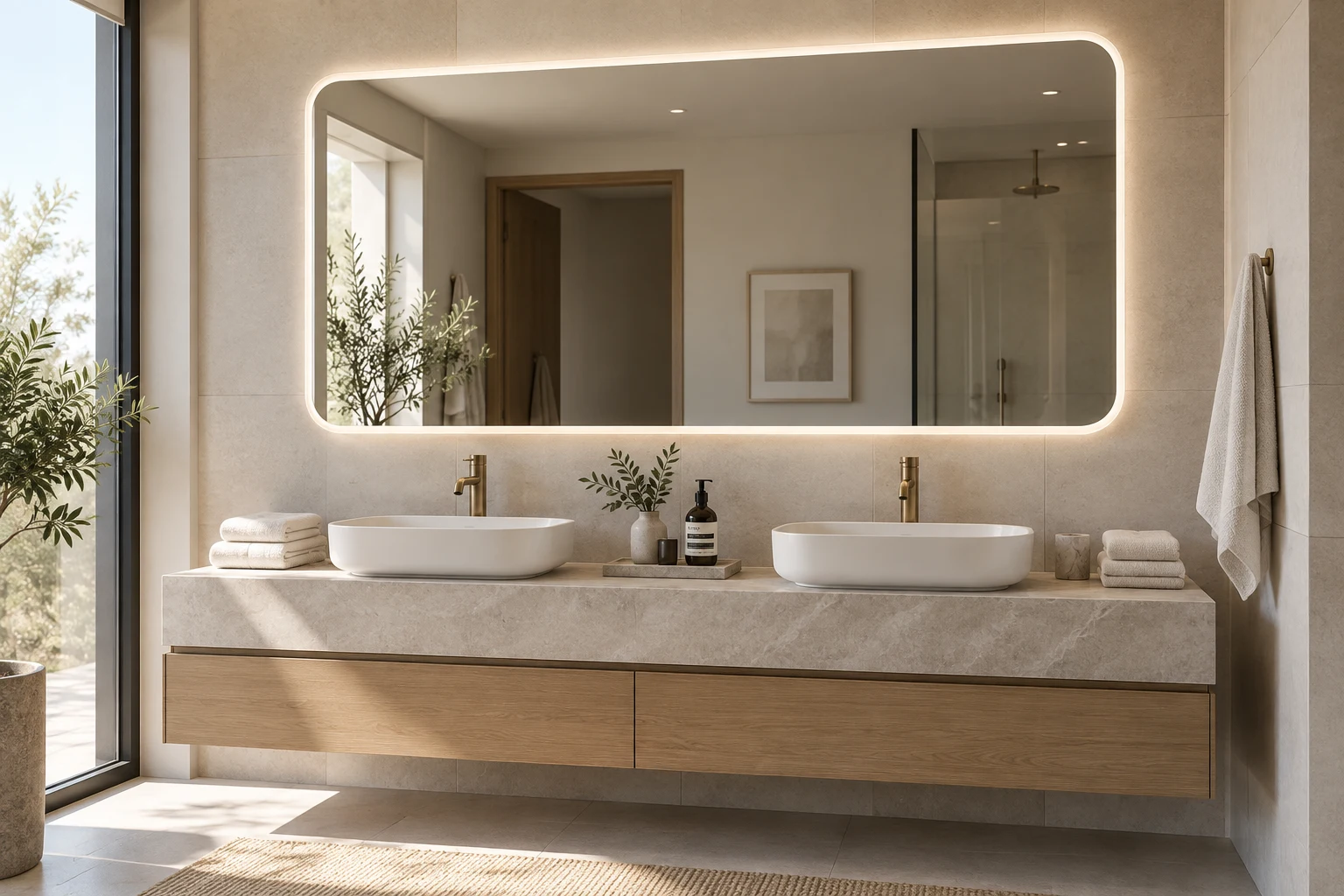 Illuminated mirror above a two-basin vanity in a spa washroom concept