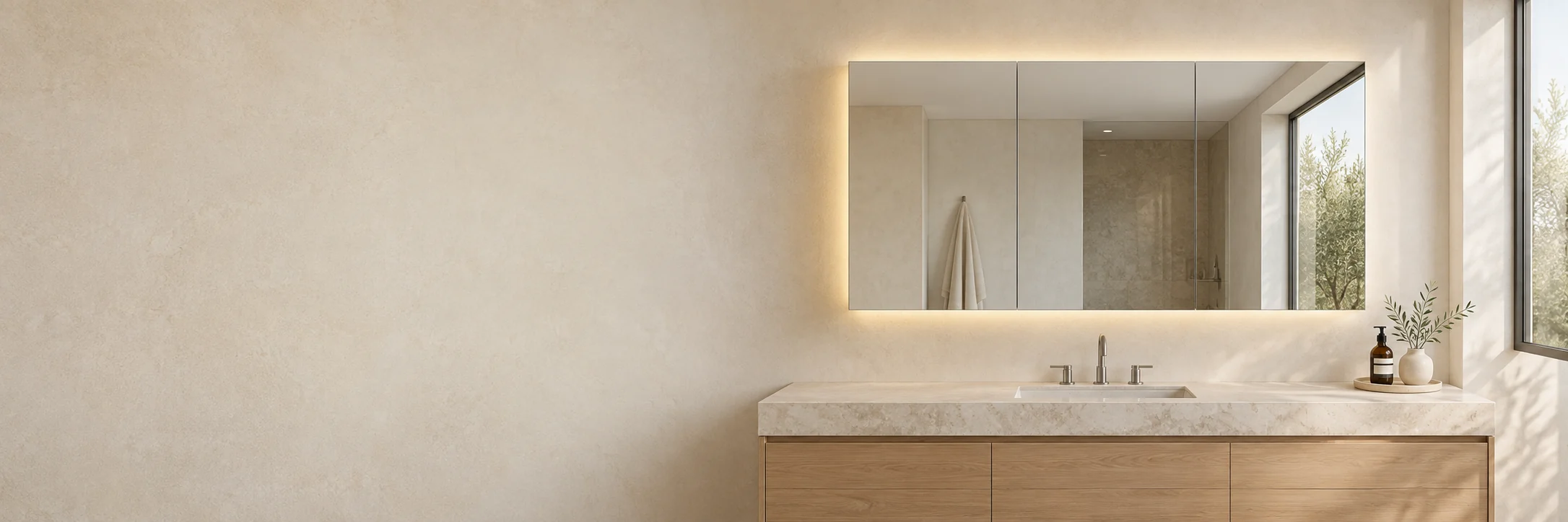 Concept bathroom interior with a three-door mirrored cabinet, pale stone countertop and oak vanity