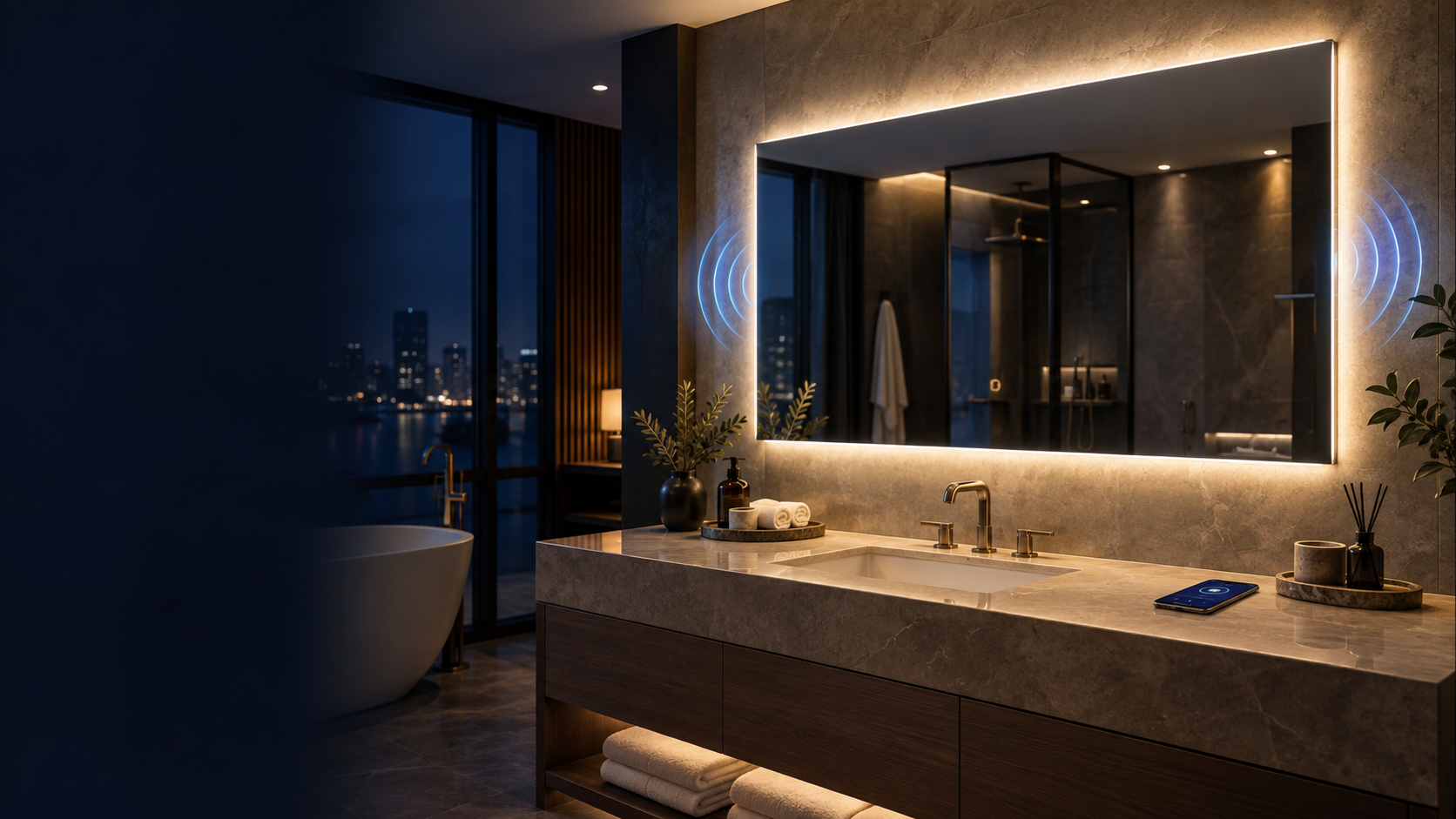 Concept visual of a Bluetooth speaker LED bathroom mirror in a hotel bathroom