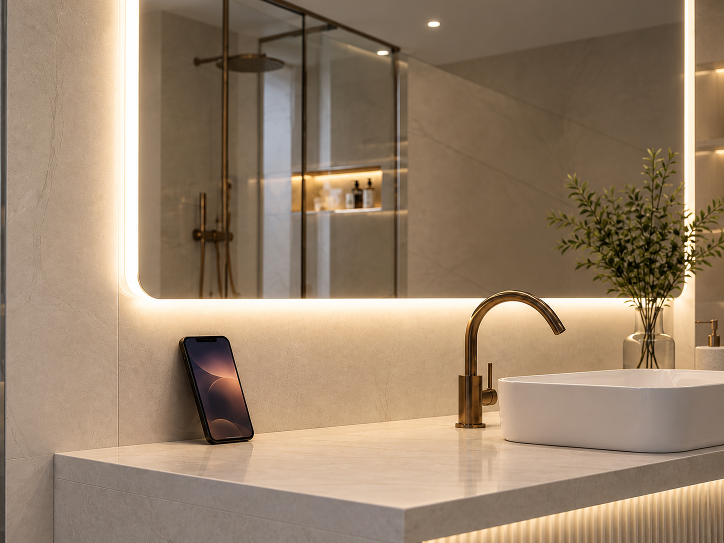 Concept visual showing a phone paired with an illuminated Bluetooth bathroom mirror