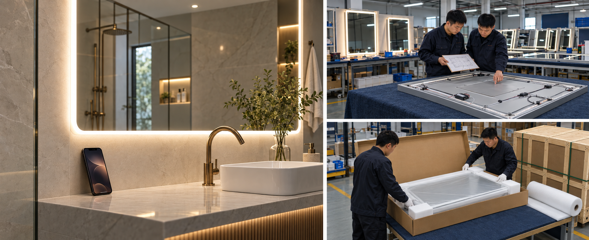 Triptych showing a finished LED bathroom mirror, factory layout review and export packaging
