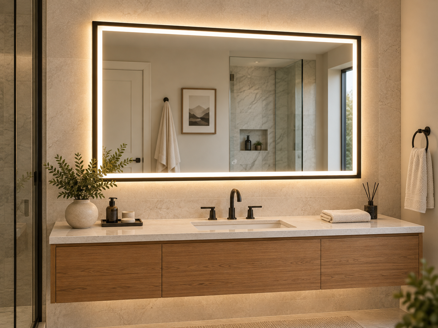 Black framed LED bathroom mirror with integrated front lighting and soft backlight