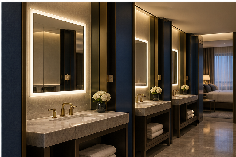Wide LED mirror platform for hotel bathroom projects
