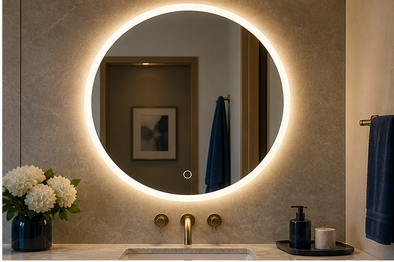 Round LED bathroom mirror platform for Bluetooth audio integration