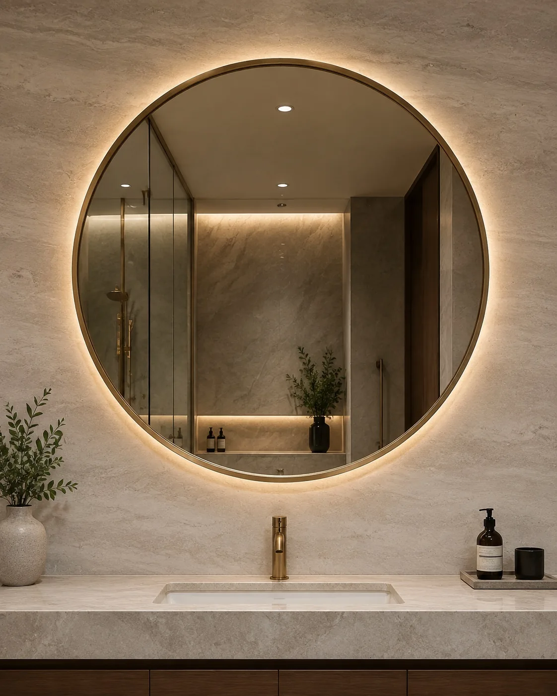 Round backlit mirror with brass-look frame in a bathroom