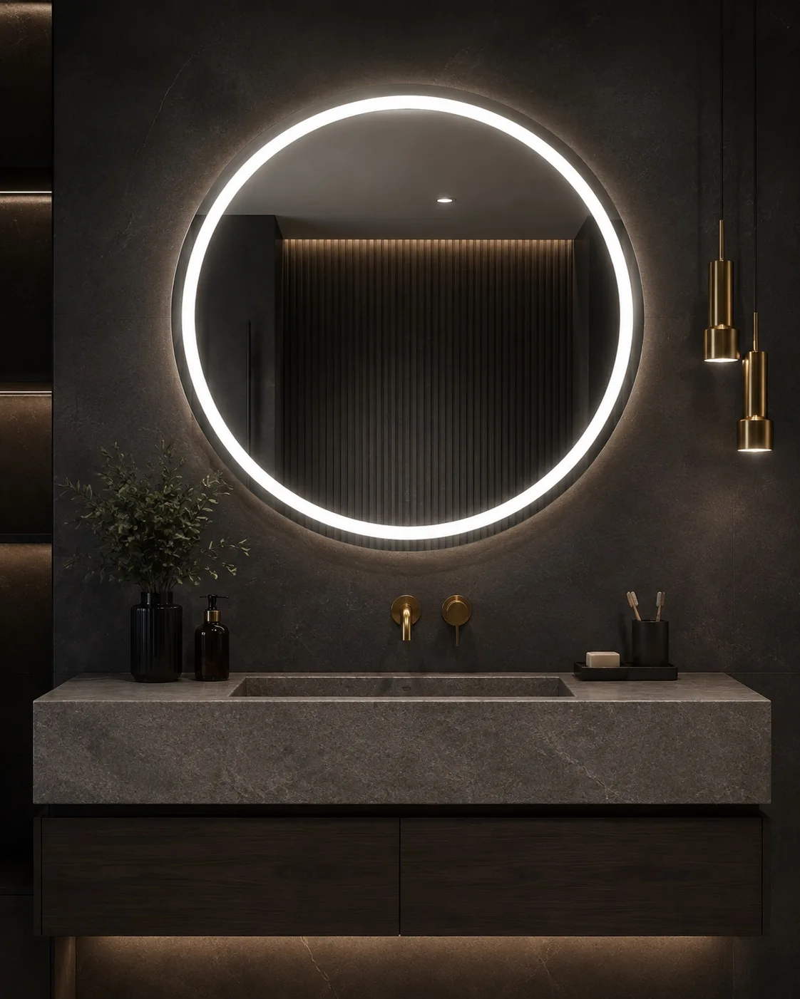 Round front-lit LED bathroom mirror with brass hardware