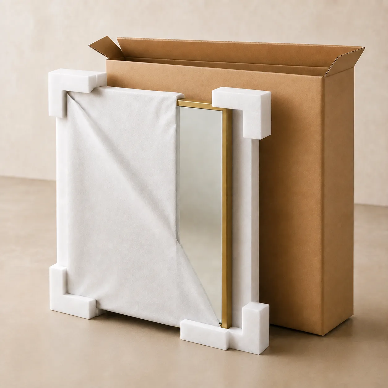 Brass-look framed mirror with protective sleeve, foam corners and export carton