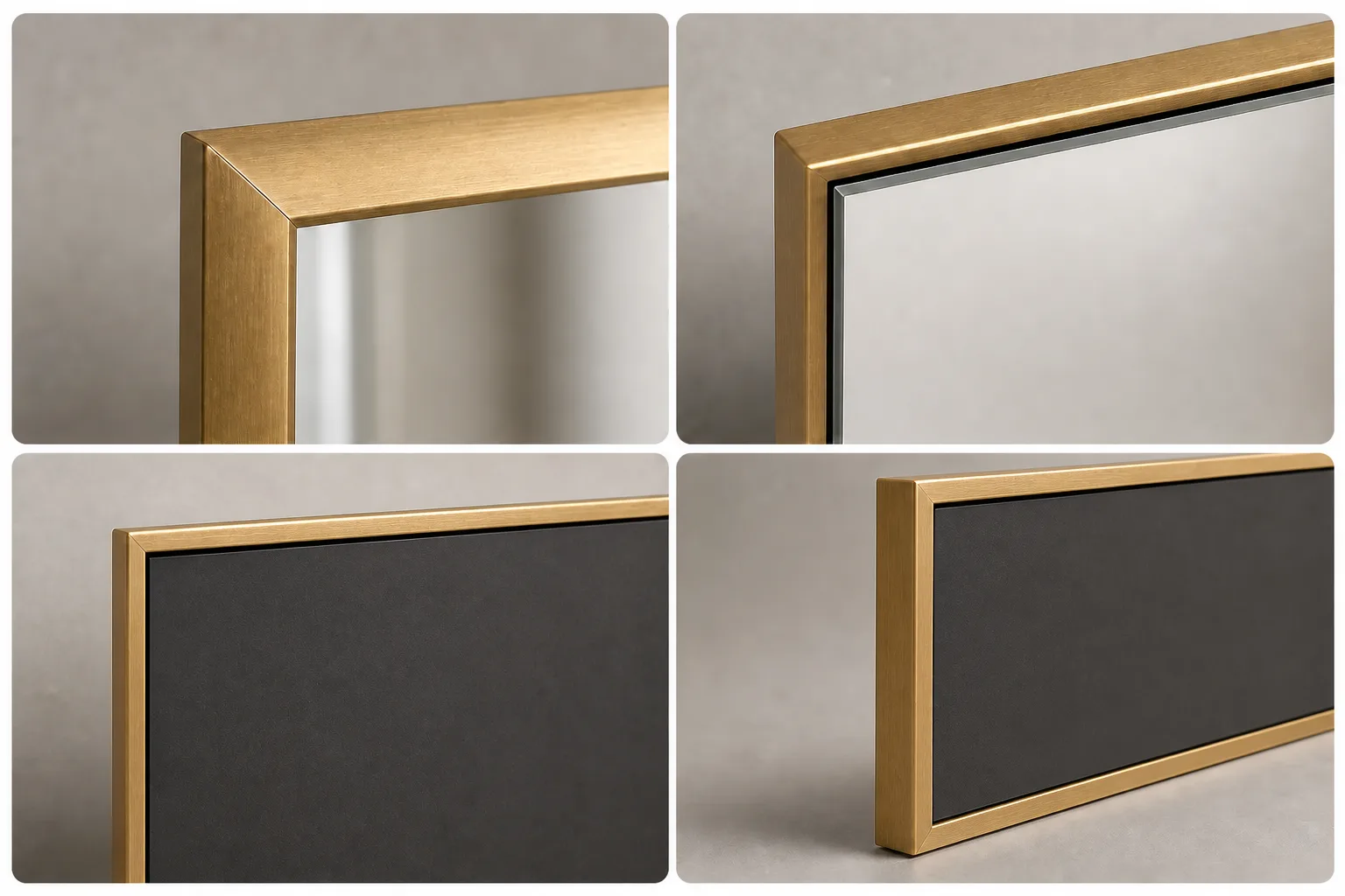 Brass-look mirror frame corner, glass seating, backing edge and side profile reference