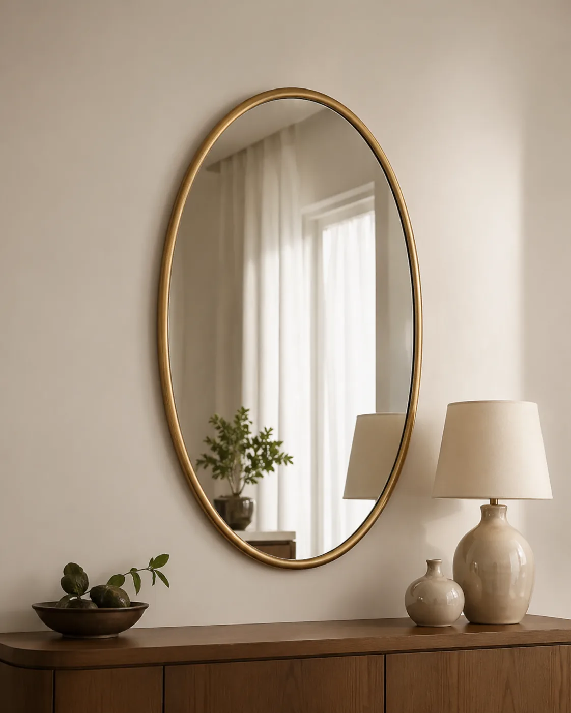 Oval brass framed mirror concept