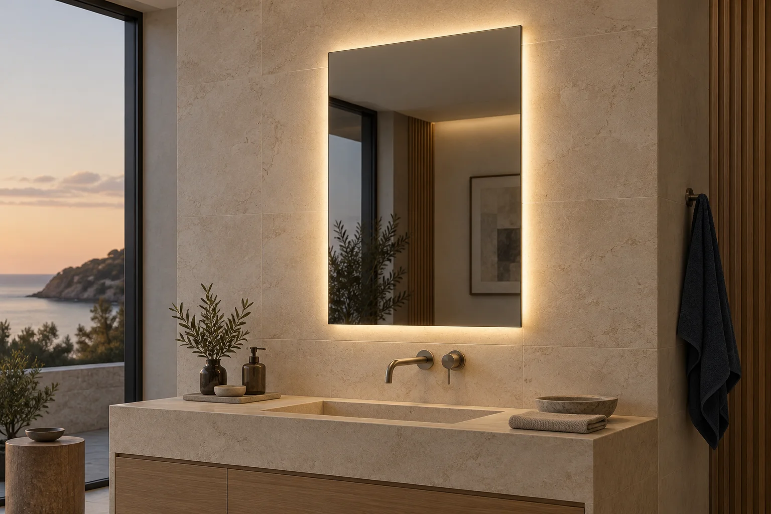 Mirror with a rear light halo on the wall