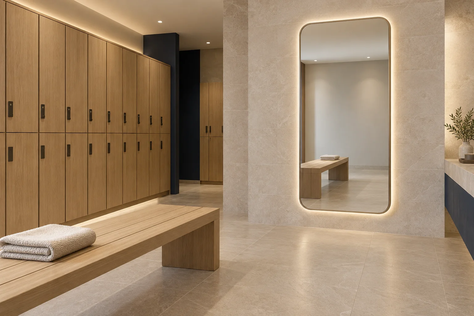 Full-length illuminated mirror beside oak changing-room lockers
