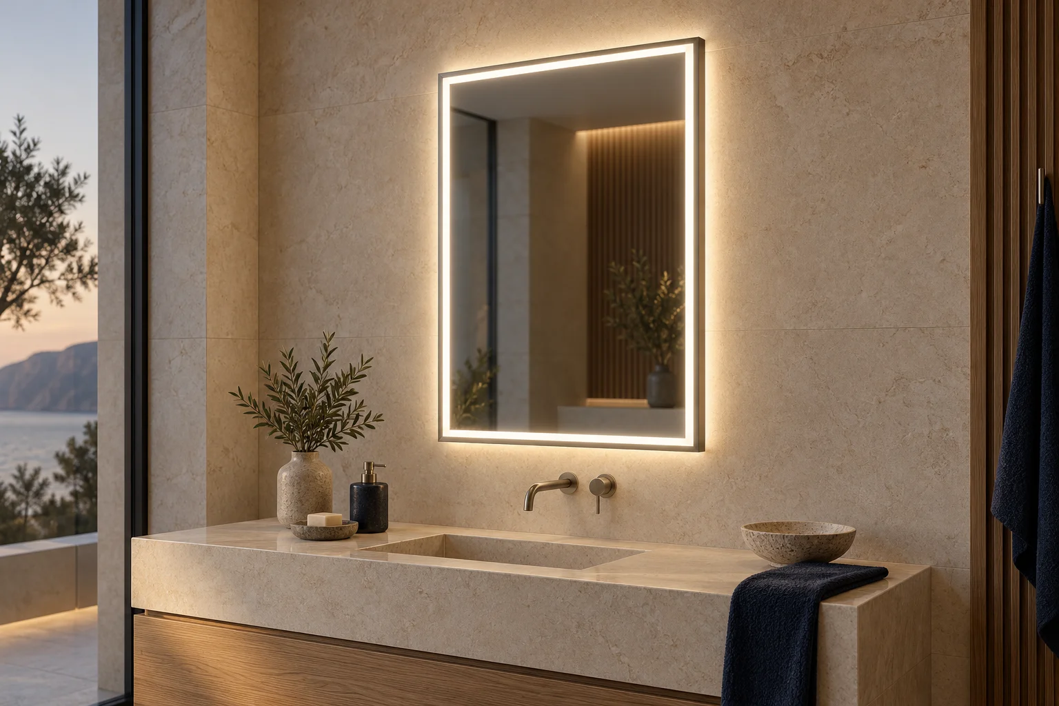 Mirror combining a front light strip and rear wall halo