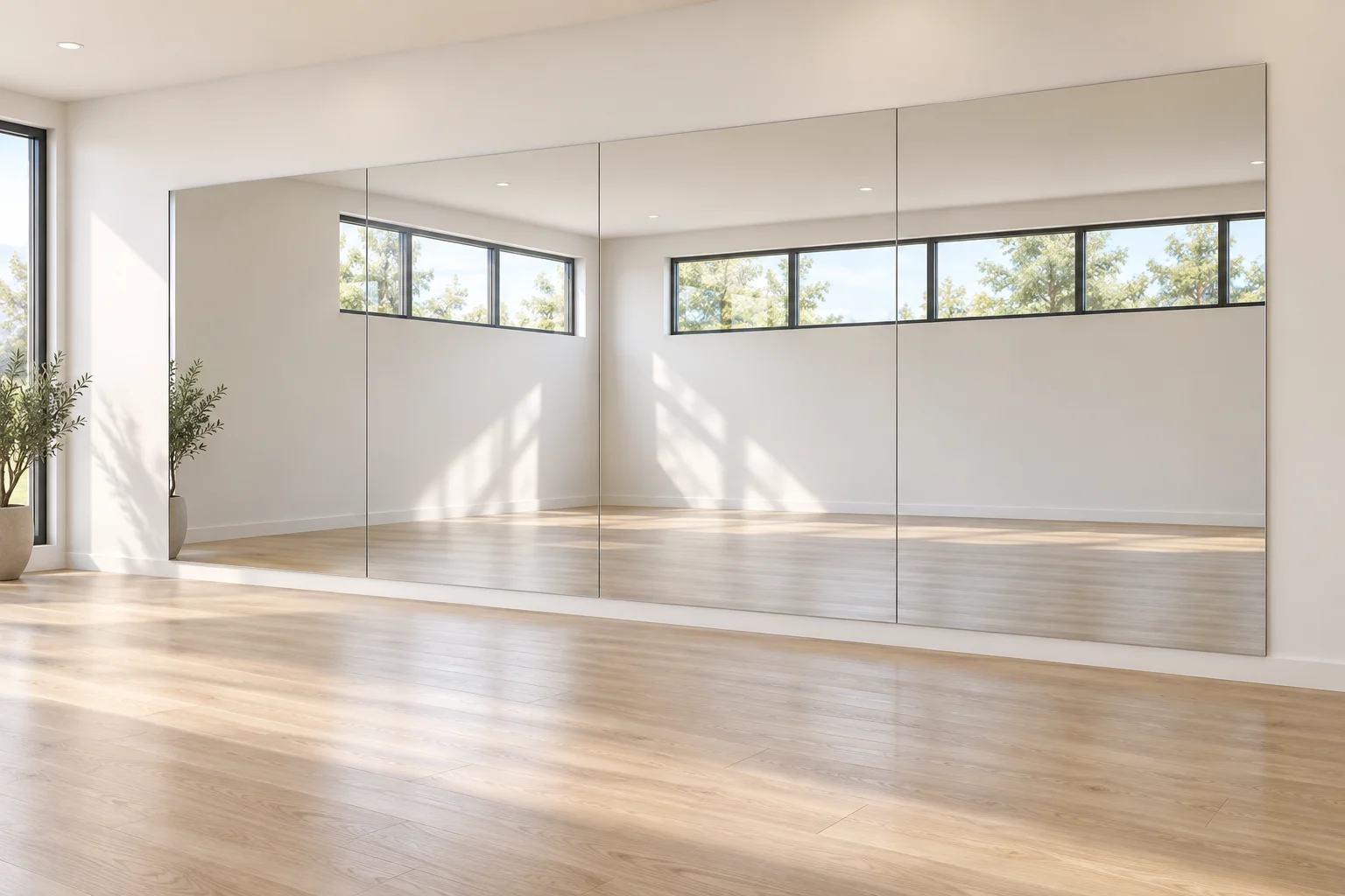 3D design study of four aligned mirror panels with visible joints on a gym wall