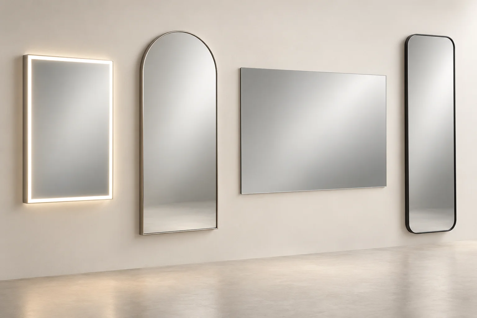 3D design study comparing illuminated, stainless steel framed, frameless and full-length commercial mirror formats