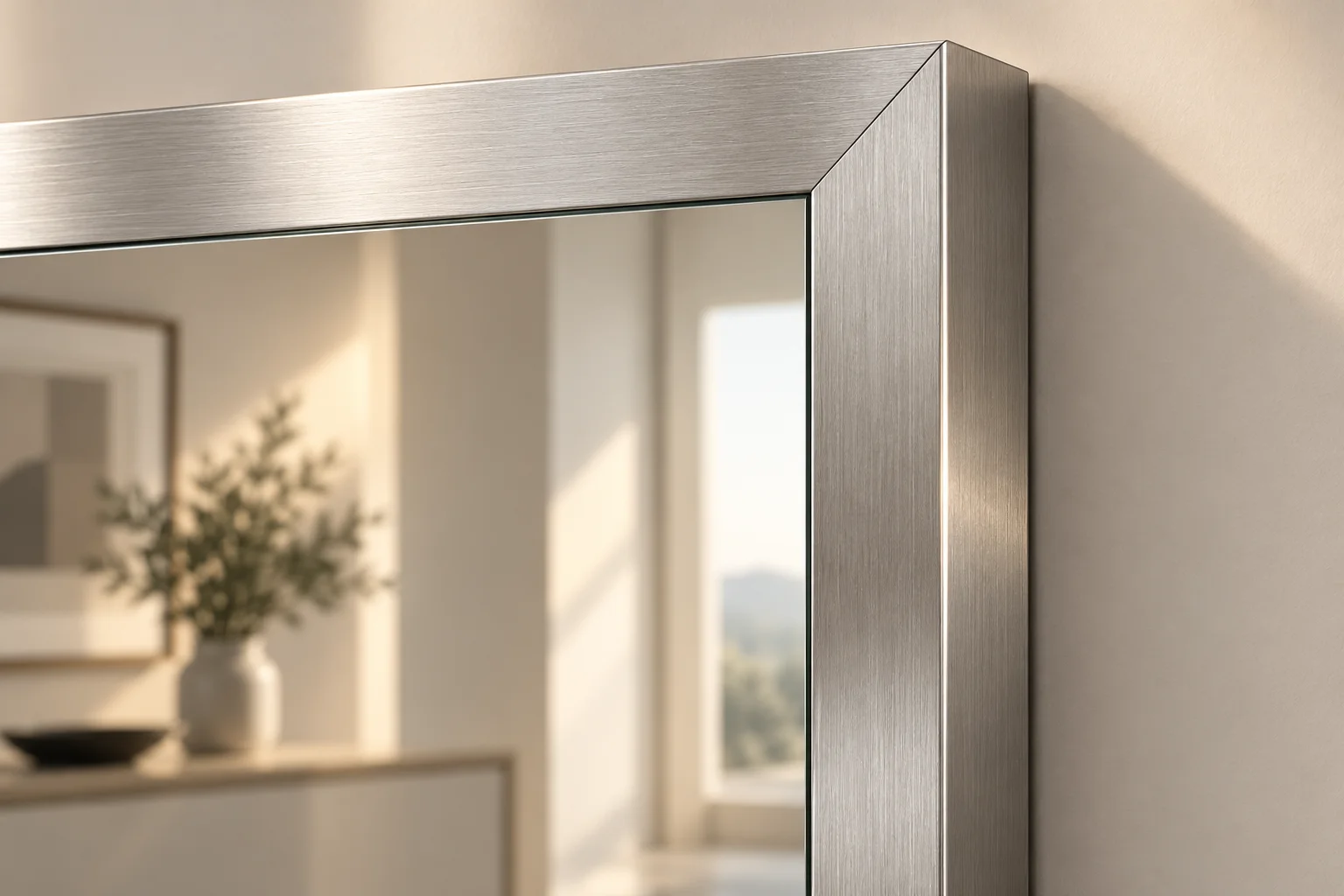 3D concept close-up of a brushed stainless steel mirror frame corner and shallow side profile