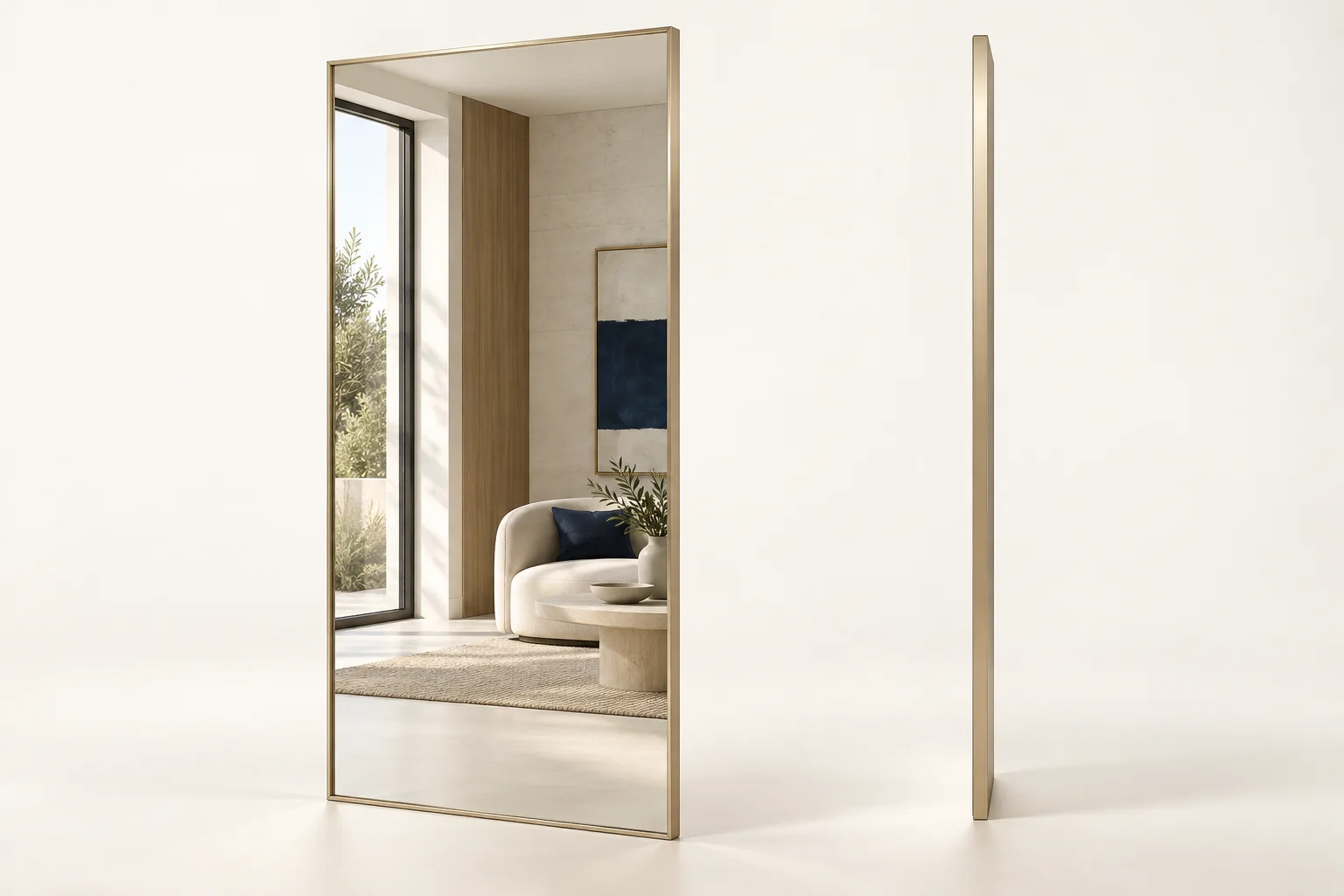 Front three-quarter view and side profile of a slim framed mirror