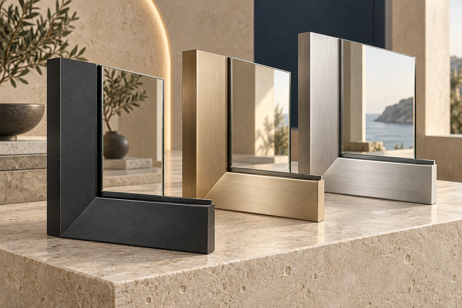 Dark champagne and silver mirror frame finish samples