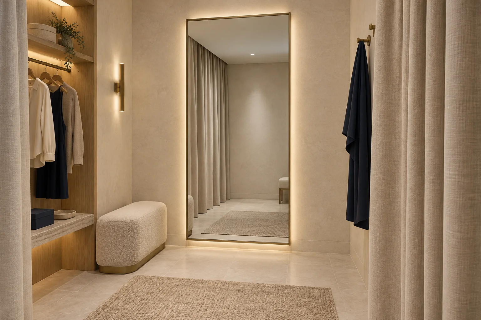 Full-length champagne framed fitting mirror beside a linen curtain