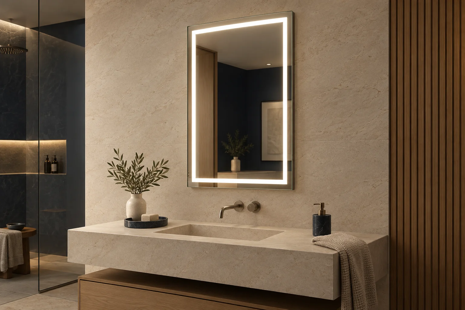 Mirror with a luminous strip on the front face