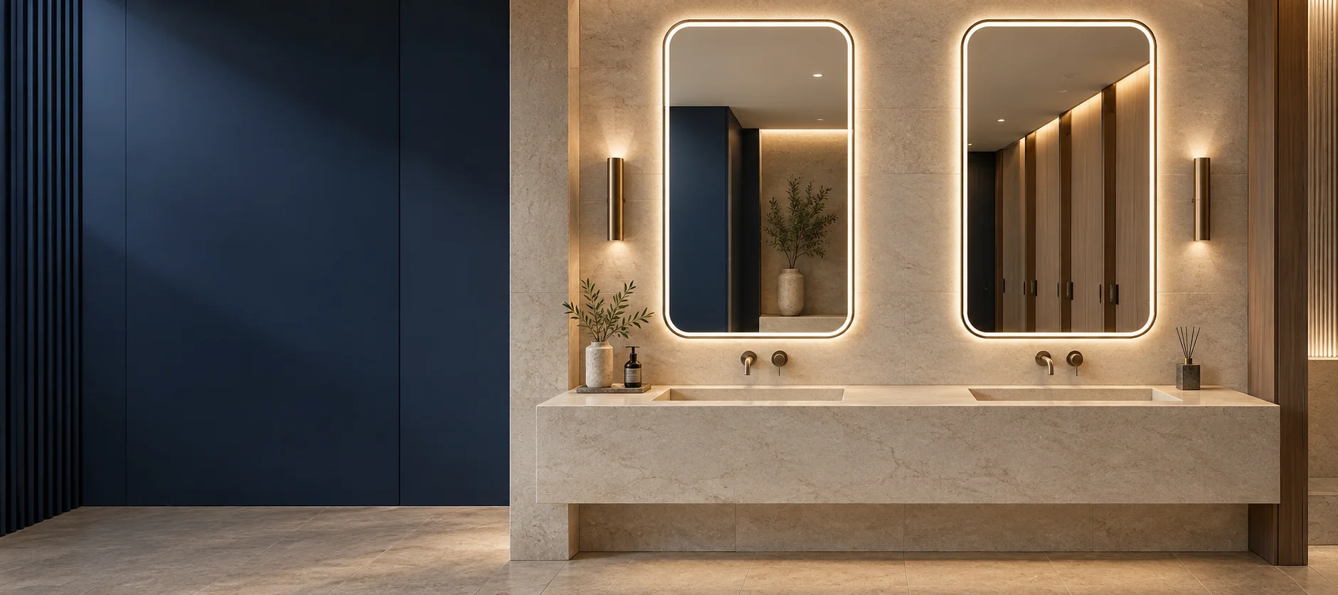 Two illuminated rectangular mirrors above a stone vanity in a commercial washroom