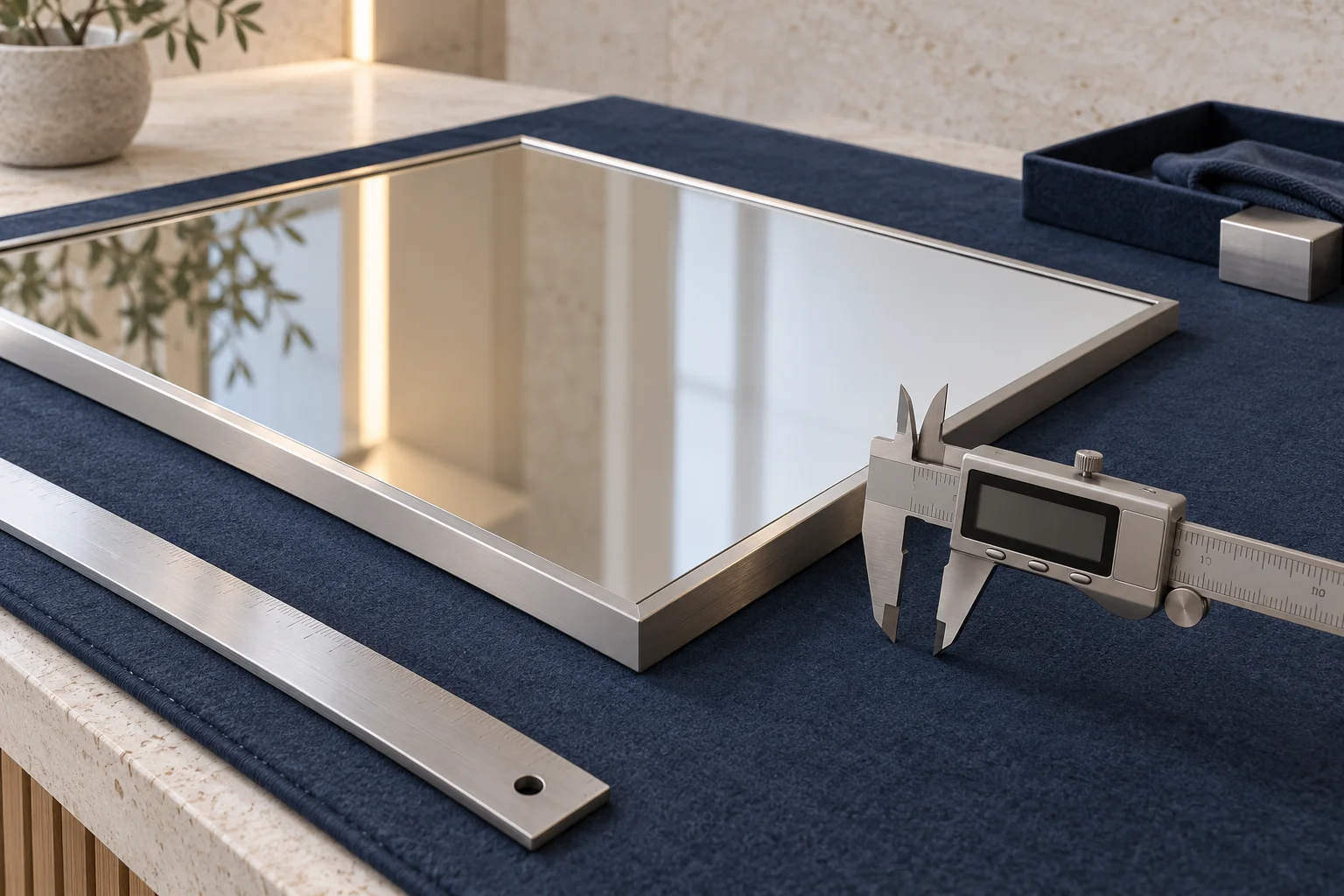 Framed mirror with caliper and straightedge on an inspection workbench