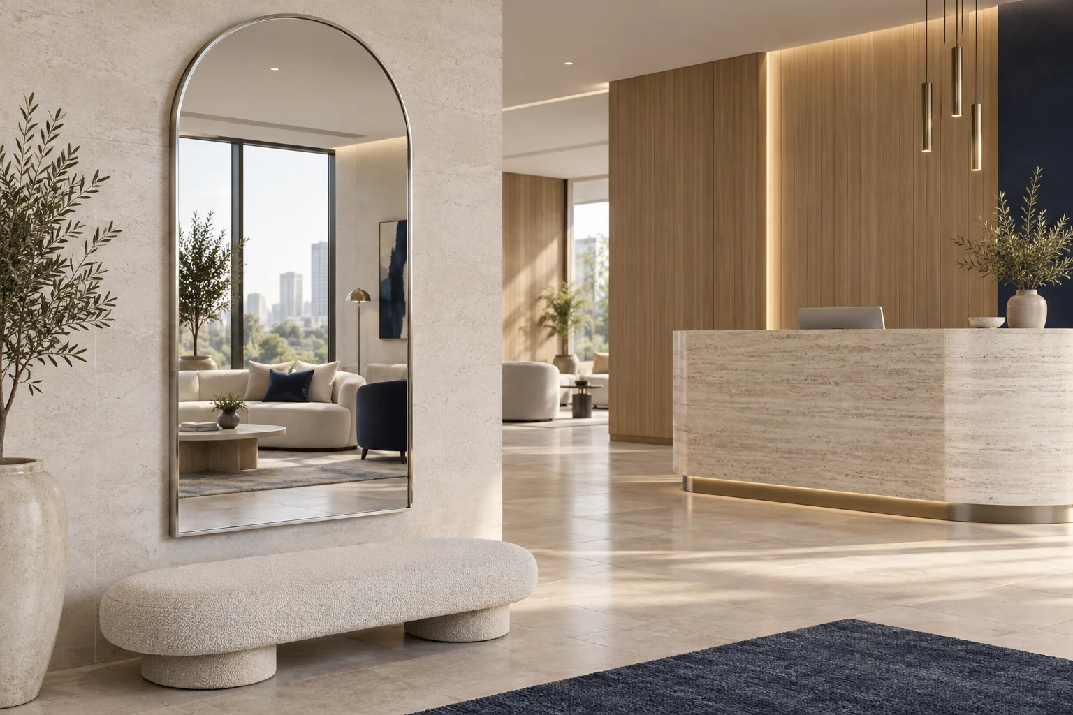 Arched silver framed mirror beside an ivory bench in an office reception