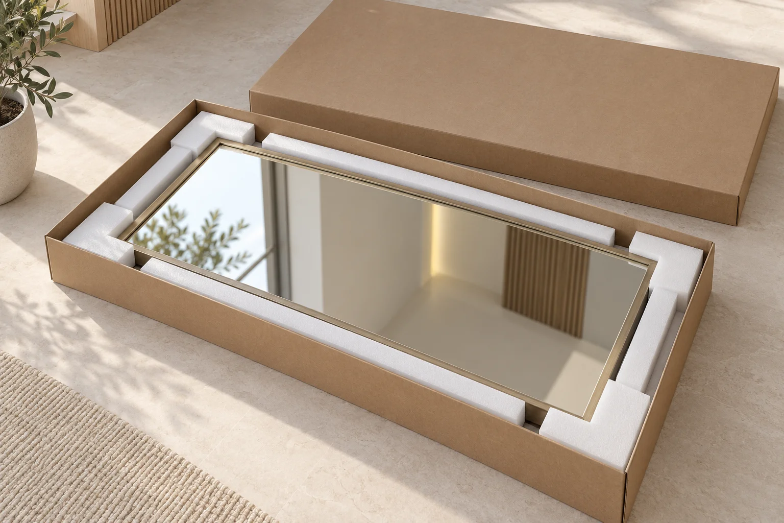 Framed mirror recessed inside a foam-protected shipping carton