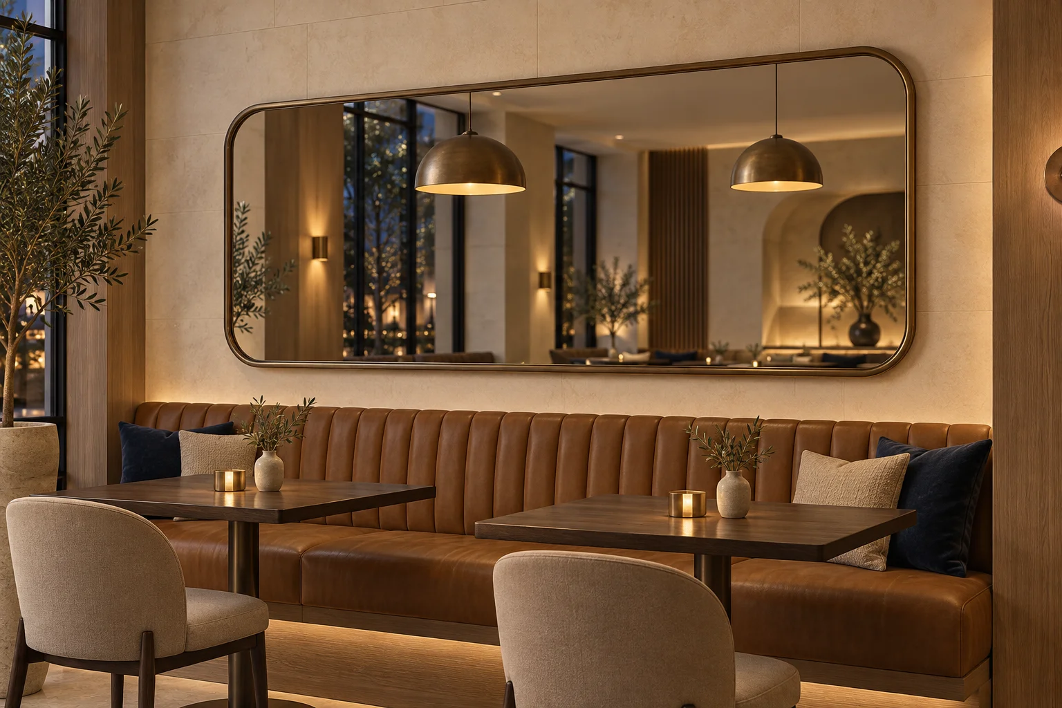 Bronze framed horizontal mirror above a restaurant banquette