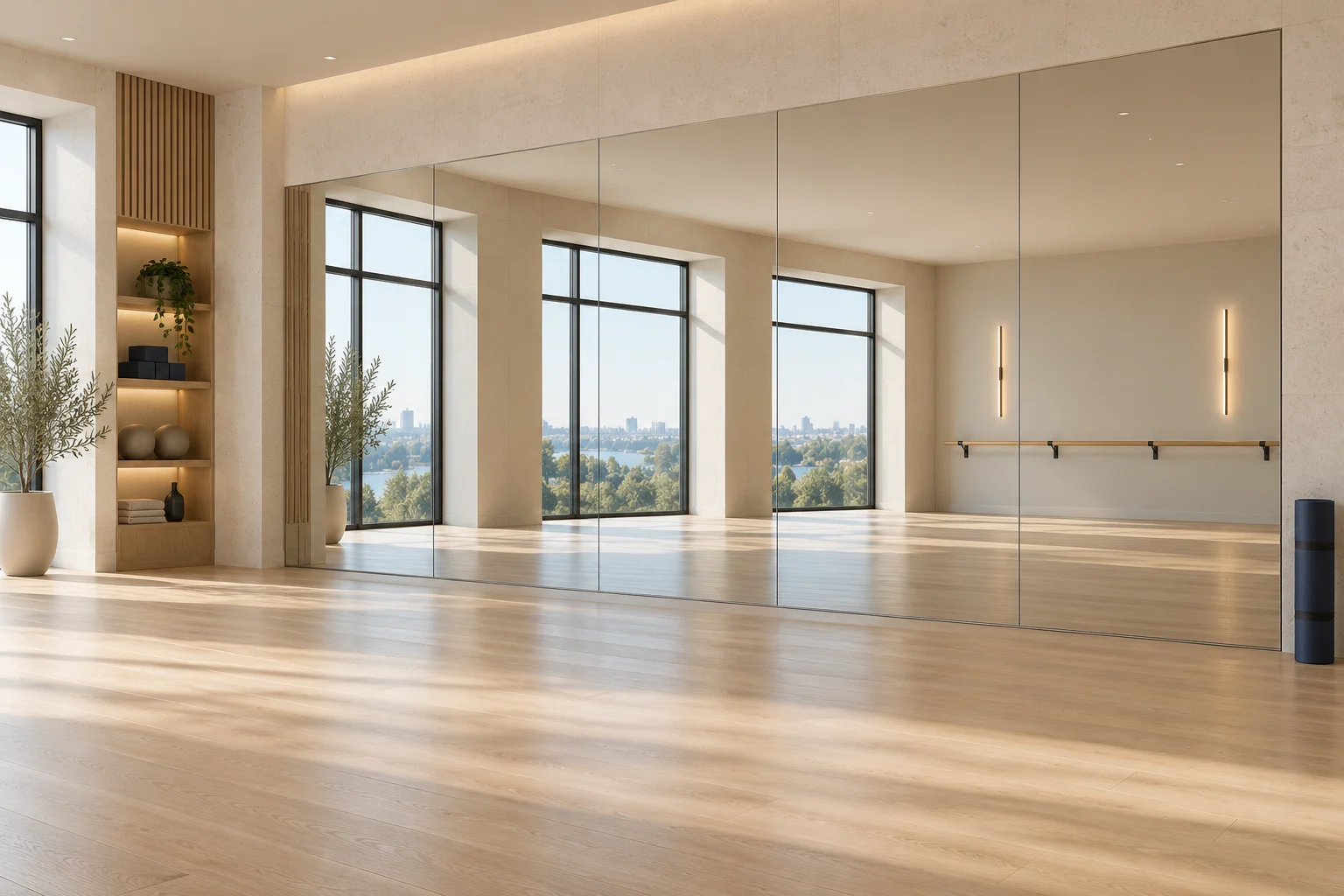Aligned frameless mirror panels in a bright movement studio