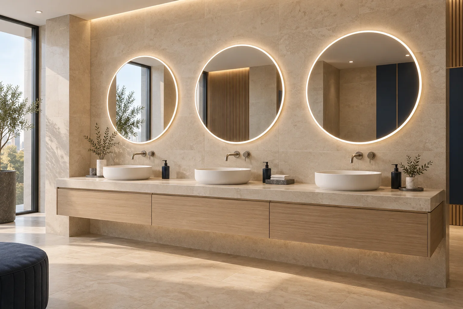 Three circular illuminated mirrors aligned above shared washroom basins