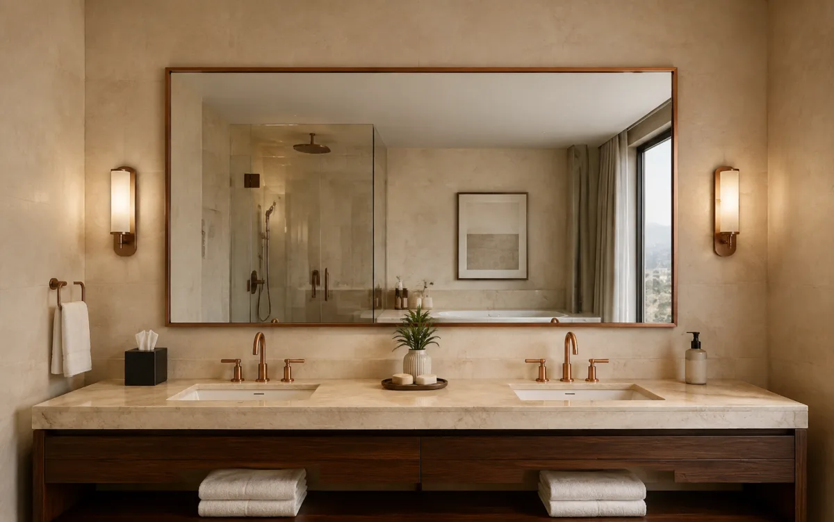 Wide brushed-copper framed mirror above a double vanity in a hotel bathroom concept