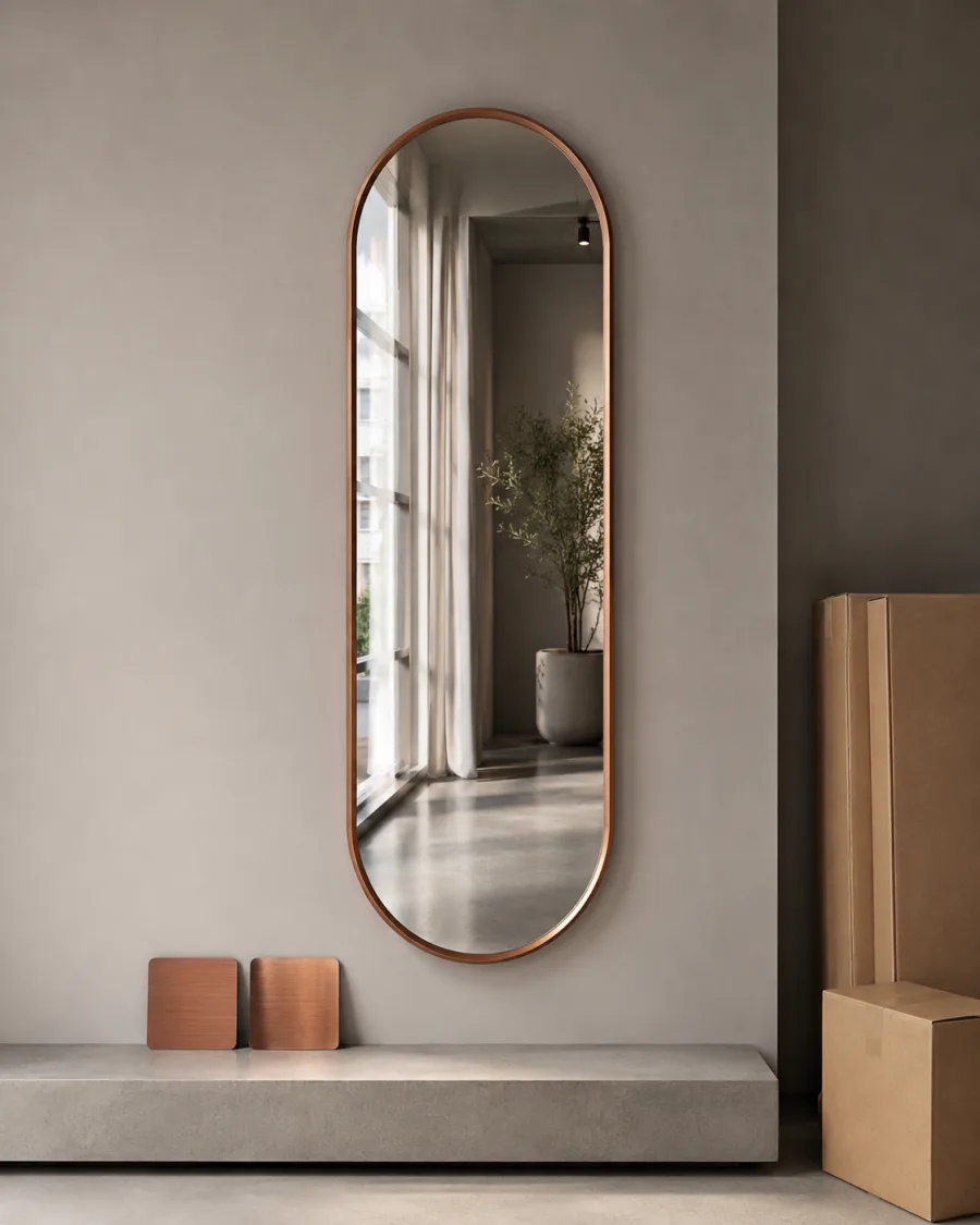 Pill-shaped copper framed mirror with finish samples and unbranded cartons for a private-label concept