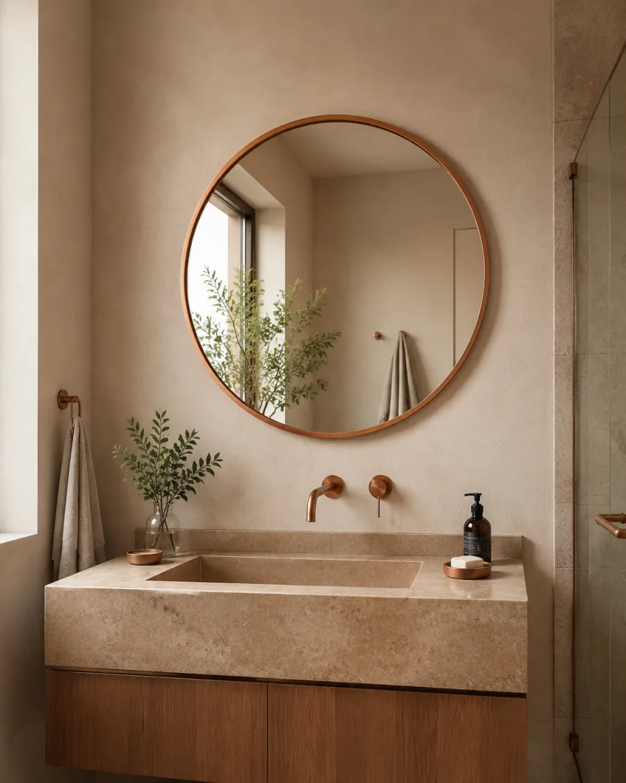 Round satin-copper framed vanity mirror in a residential bathroom concept